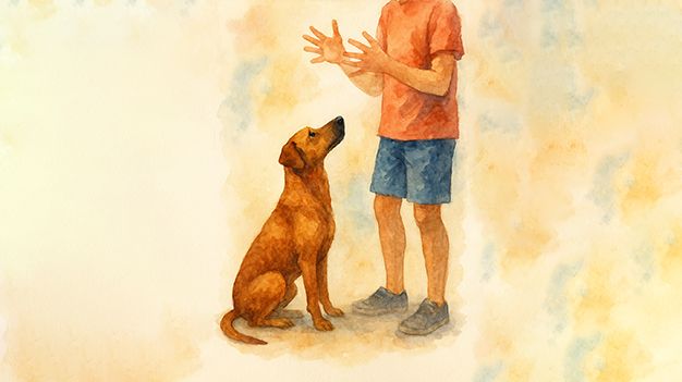 Boy with a stammer and nervous dog healed together watercolour