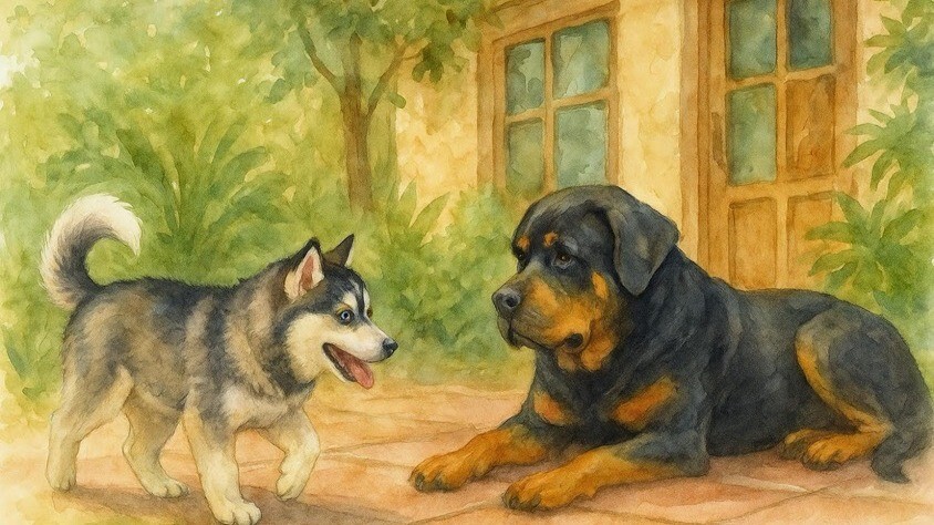 Misha the Wild Heart — husky and rottweiler watercolour