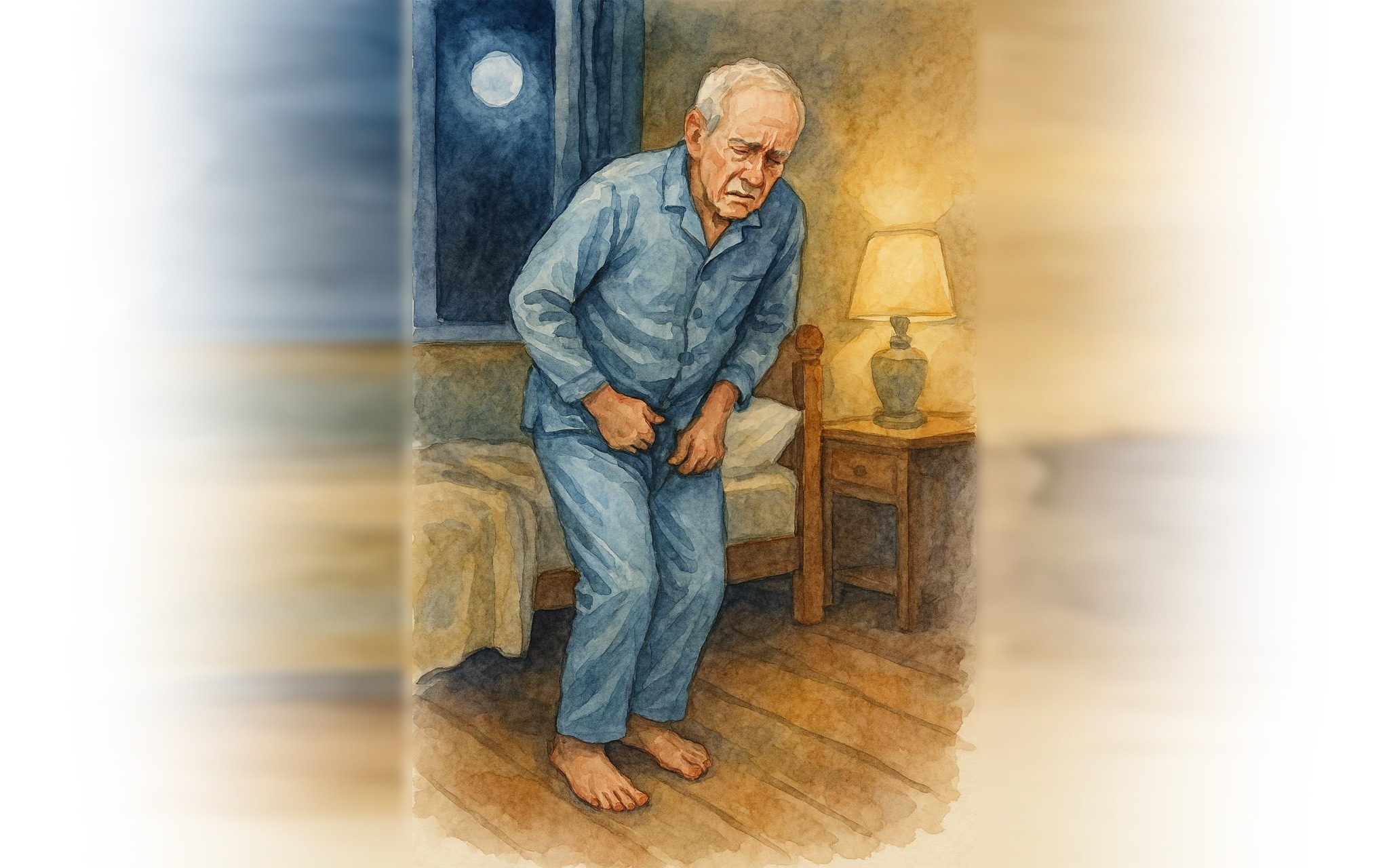 Benign Prostatic Hypertrophy BPH — elderly man at night watercolour